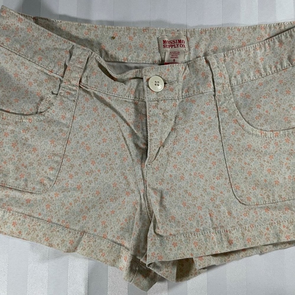 Beige/Orange/Blue Floral Print Denim Shorts